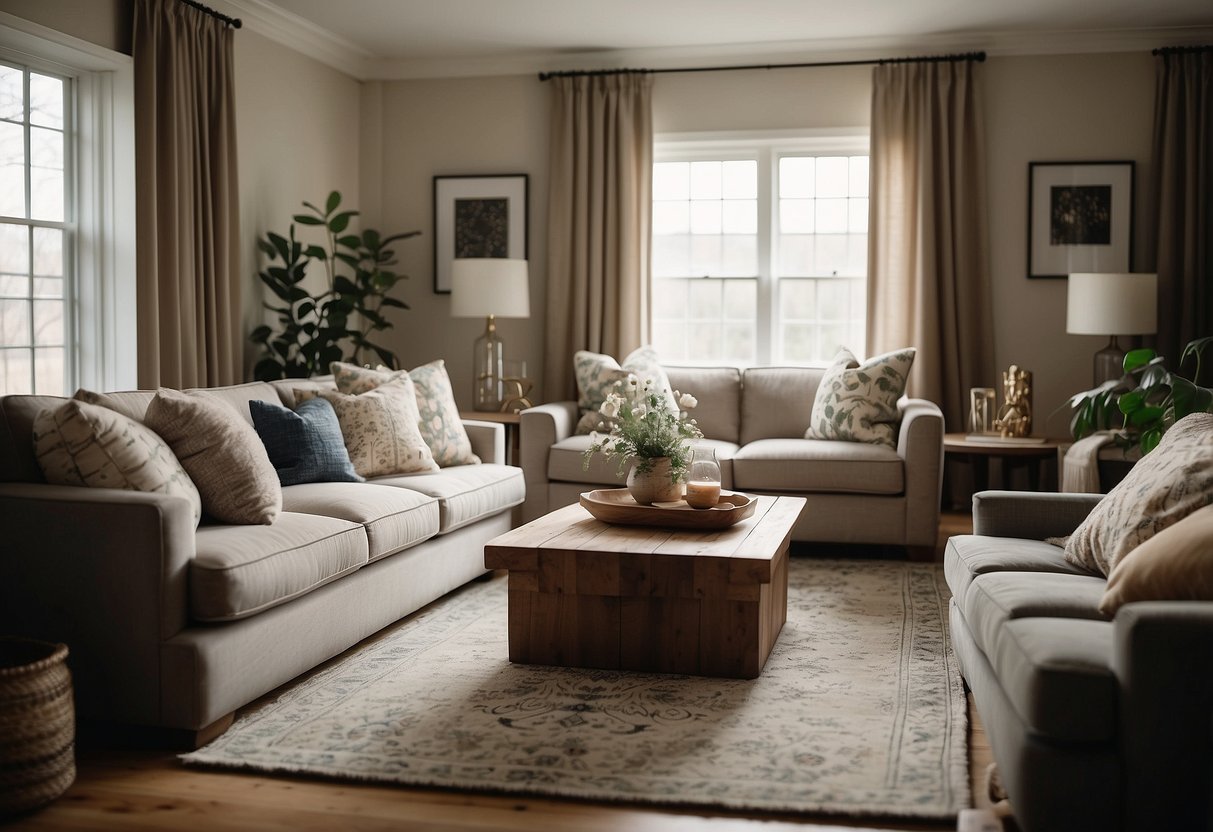 A cozy living room with elegant curtains, a plush sofa with patterned throw pillows, and a vintage rug adding warmth and texture to the space