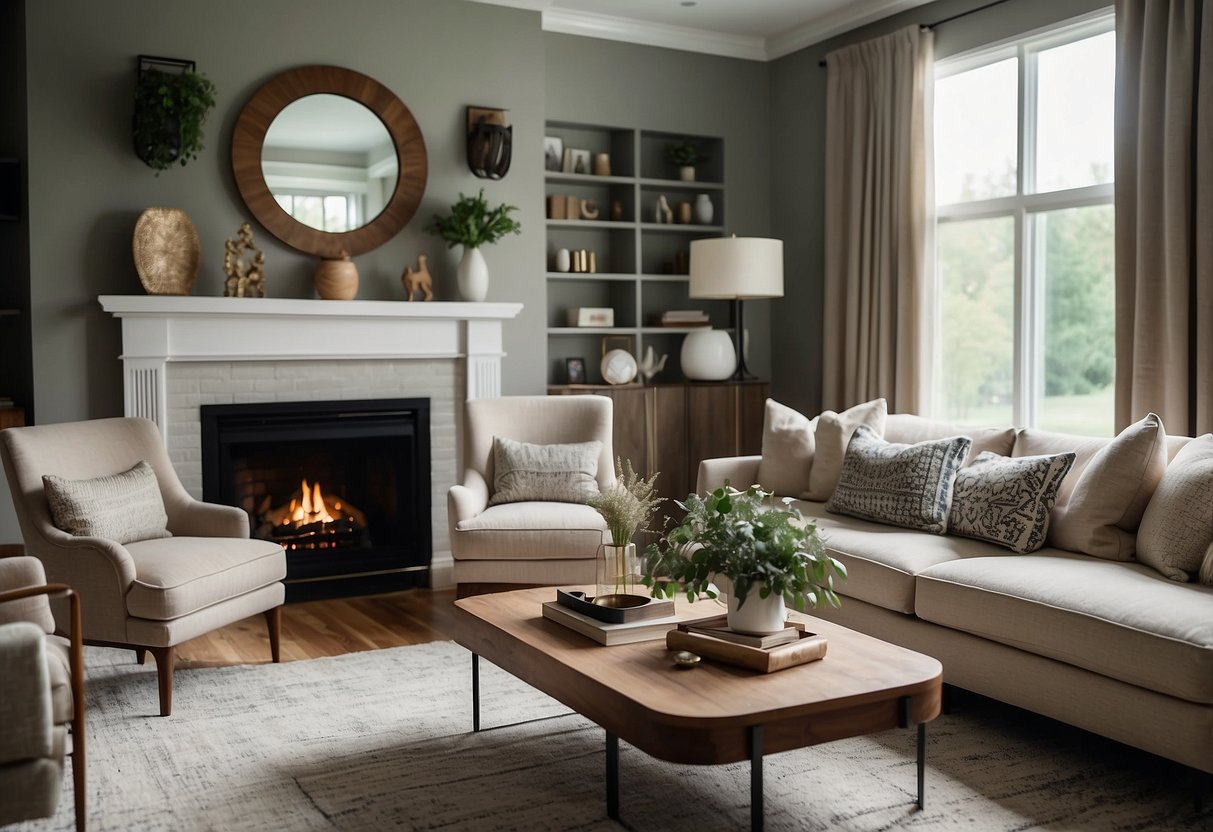 A cozy living room with a neutral color palette, accented by pops of rich, strategic colors in the form of throw pillows, rugs, and artwork. Classic furniture and elegant decor pieces complete the timeless look