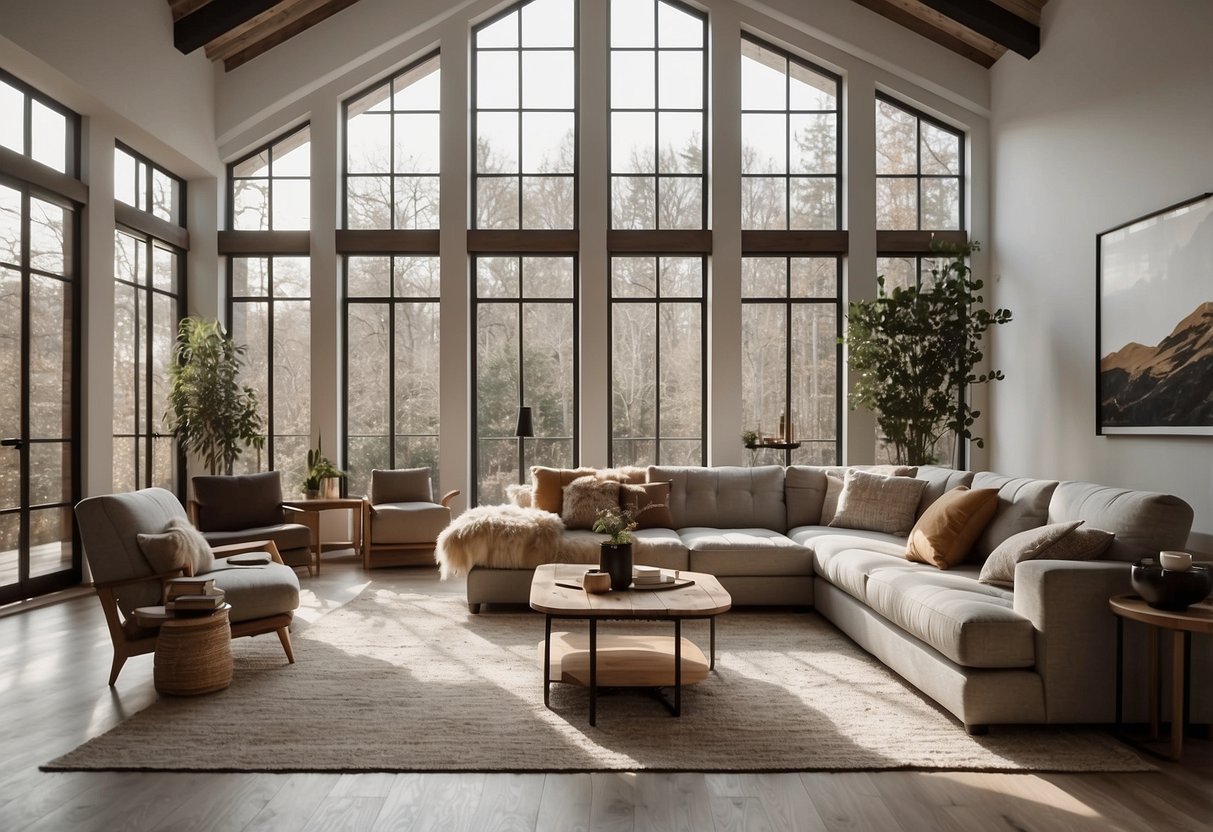 A spacious living room with tall ceilings and large windows, filled with natural light. Neutral walls complement the size and scale of the room, creating a warm and inviting atmosphere