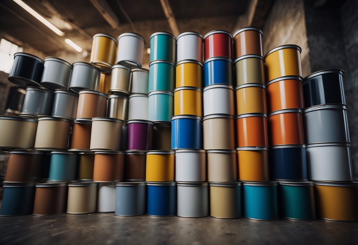 A room with different paint finishes on the walls, showcasing their effects on light and texture. Color swatches and paint cans are scattered around