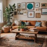 A cozy living room with a mix of thrifted and DIY decor. A gallery wall of affordable art, a colorful rug, and potted plants add personality