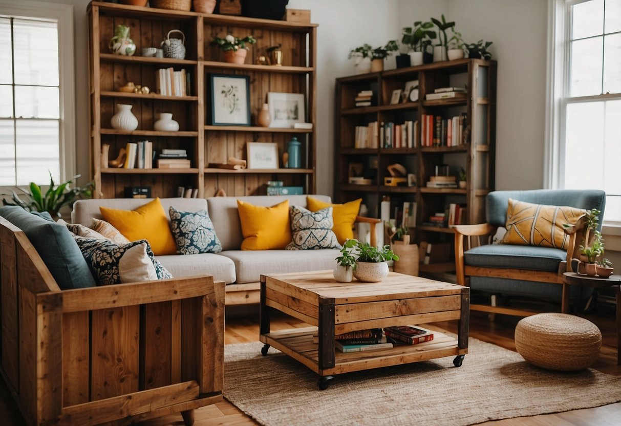 A living room with repurposed furniture and decor, such as a bookshelf made from old crates and a coffee table crafted from reclaimed wood. Bright and cozy with pops of color and unique accents