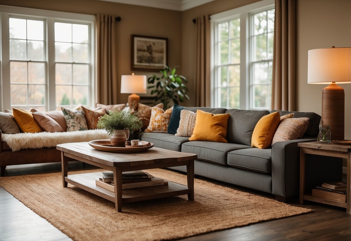 A cozy living room with warm earth tones, accented by pops of vibrant colors. Affordable decor like throw pillows, rugs, and curtains add personality to the space