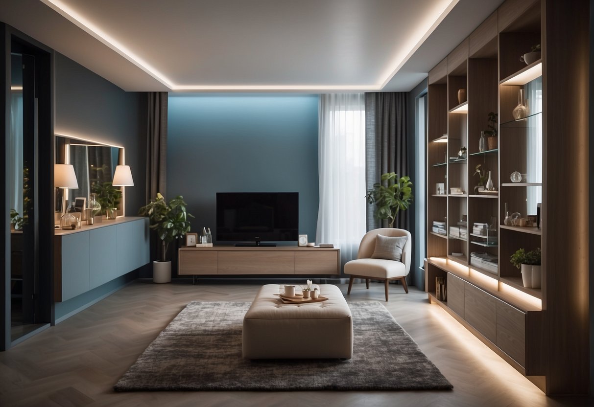 A small room with multi-functional furniture, wall-mounted shelves, and strategic lighting to maximize space. Clever use of mirrors and vertical storage creates an illusion of spaciousness