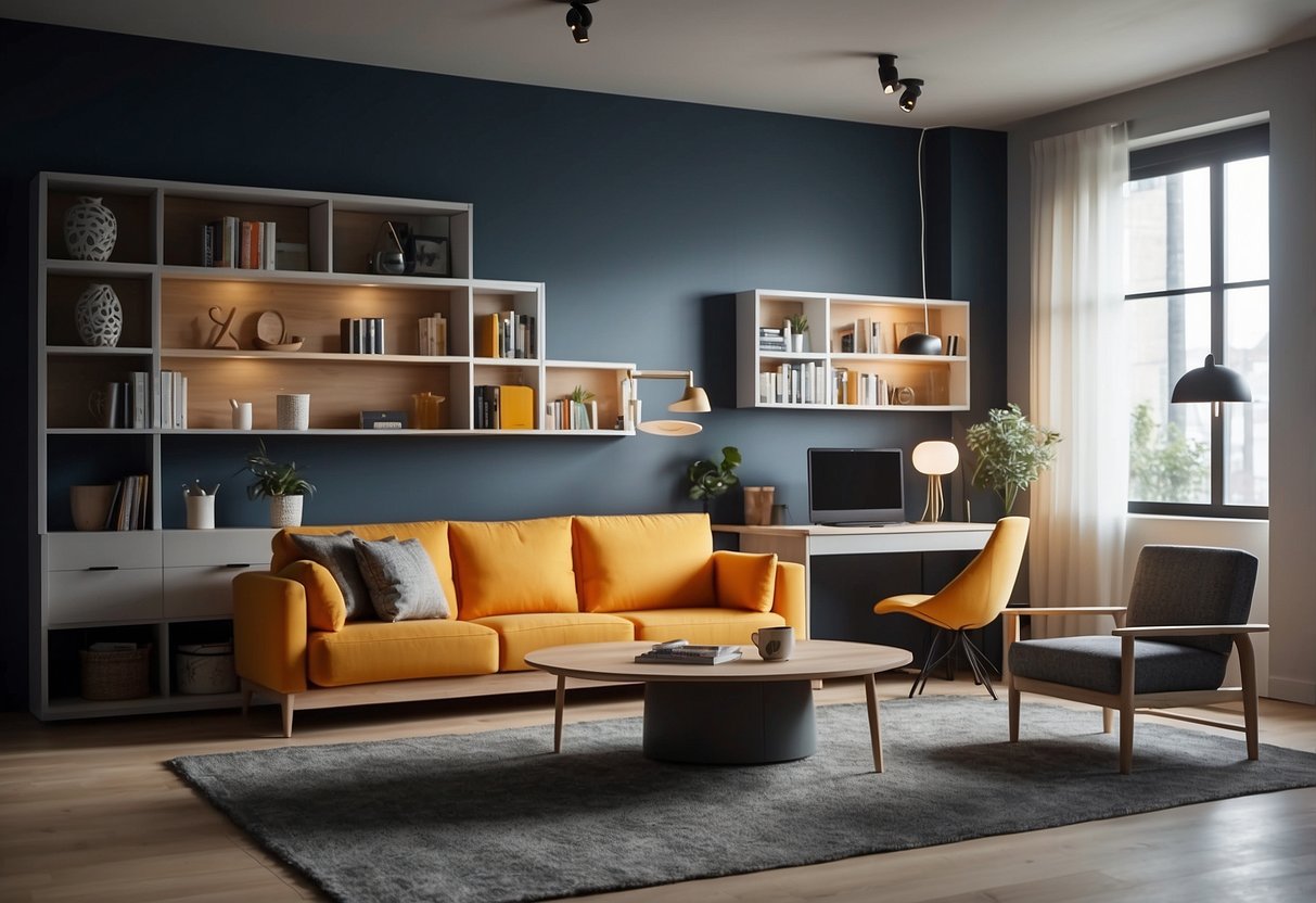 A small space with multi-functional furniture, wall-mounted shelves, and hidden storage compartments. Bright colors and strategic lighting create a sense of openness