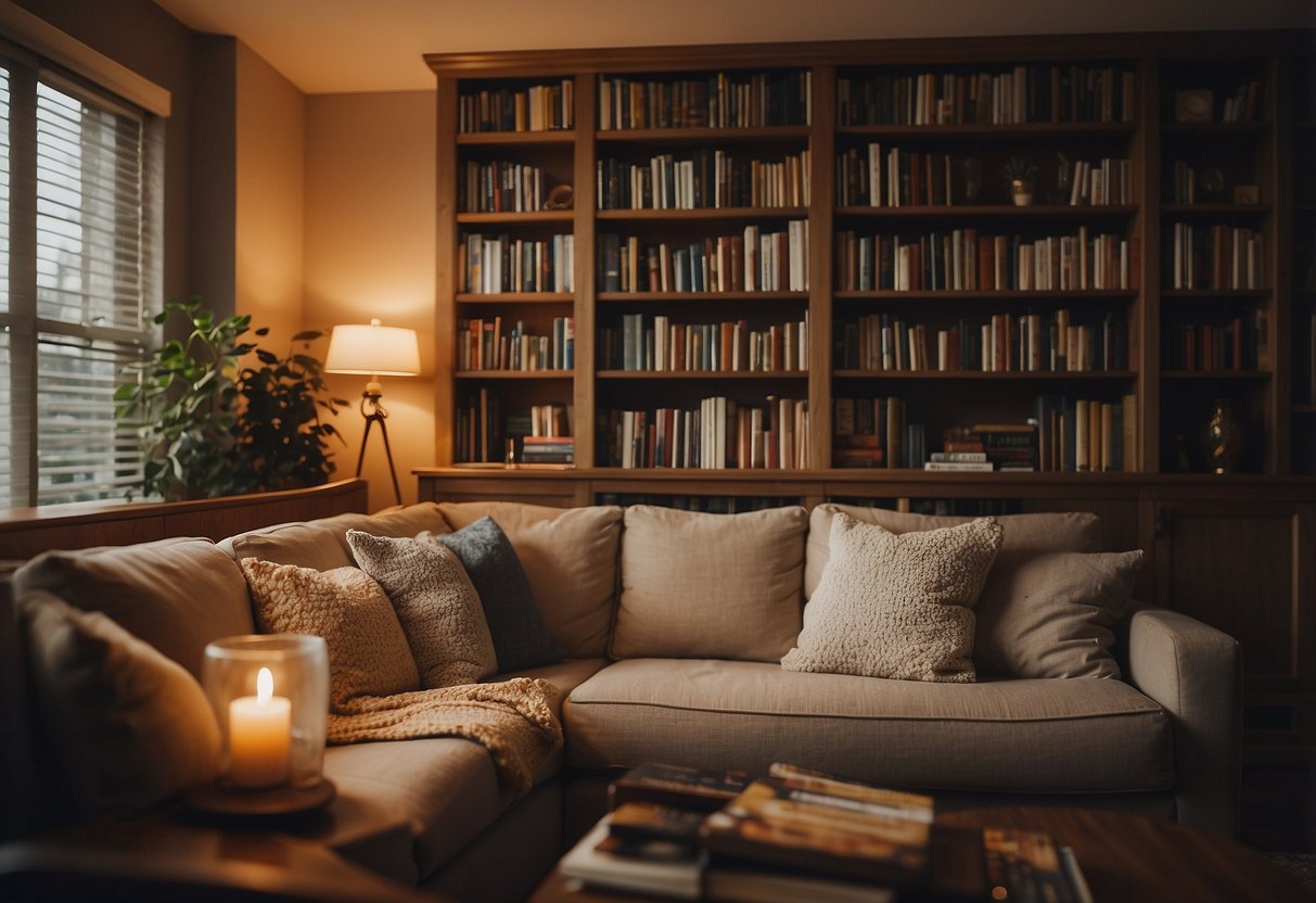 A cozy living room with warm lighting, plush pillows, and a soft throw blanket draped over a comfy sofa. A bookshelf filled with well-loved books and decorative trinkets adds a personal touch