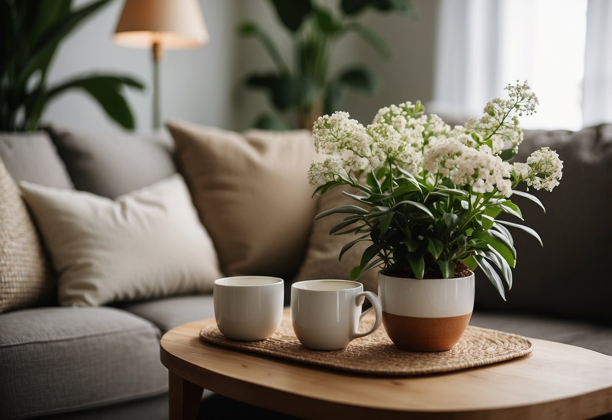 A cozy living room with plants and natural elements: a large, leafy potted plant in the corner, a wooden coffee table adorned with a vase of fresh flowers, and soft, earth-toned throw pillows on a comfortable sofa