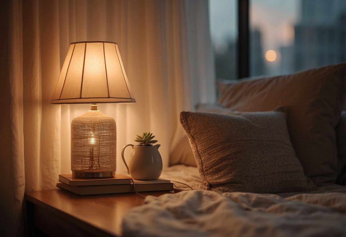 Soft, warm light filters through sheer curtains, casting a gentle glow on the cozy bedroom. A table lamp emits a soft, inviting ambiance, creating a relaxing retreat