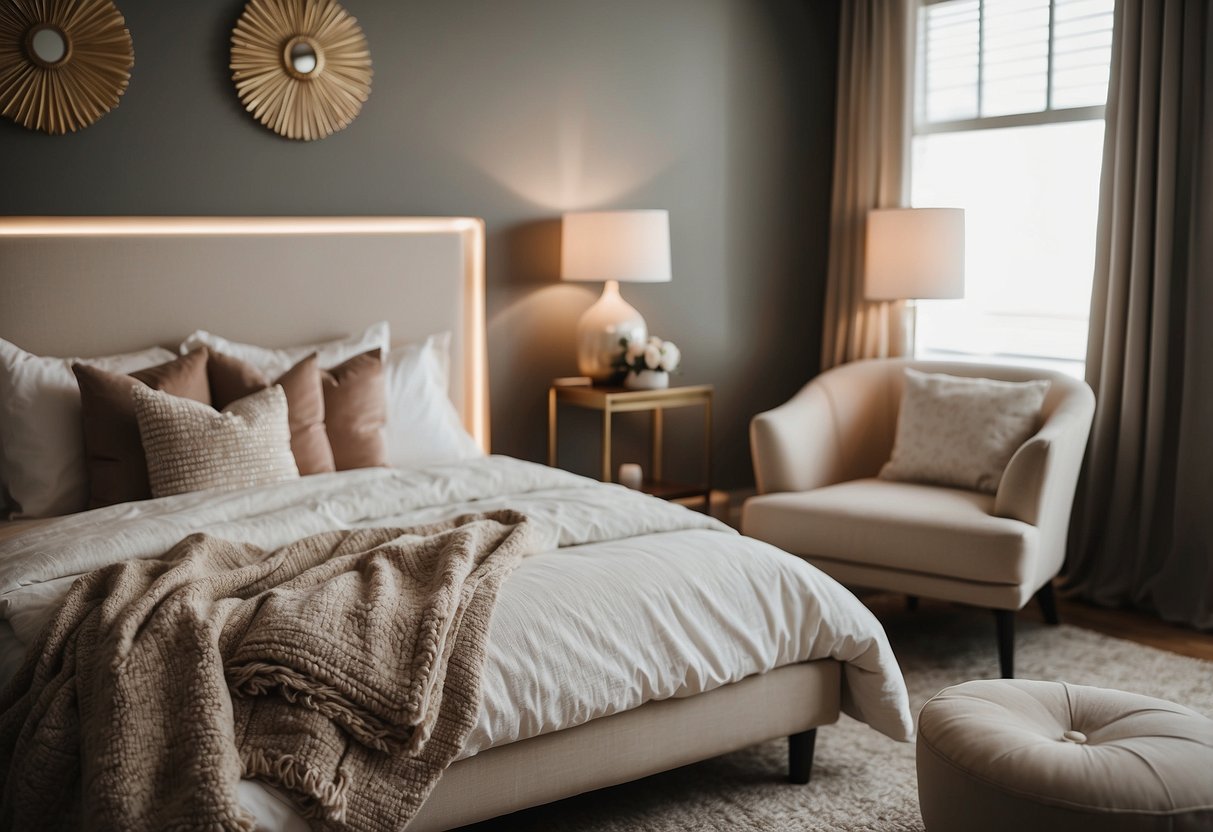 A cozy bed with soft, neutral bedding, a stylish nightstand with a lamp, and a comfortable accent chair create a relaxing retreat in a well-decorated bedroom