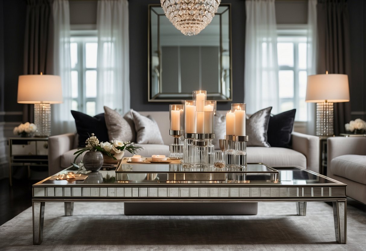 A modern living room with sleek metallic accents, a mirrored coffee table, and crystal candle holders. A large wall mirror reflects the room, creating a sense of depth and luxury