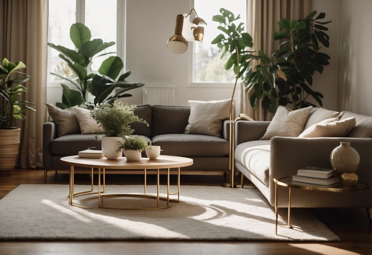 A cozy living room with a plush rug, botanical prints, potted plants, and a sleek brass floor lamp, creating a modern and inviting atmosphere