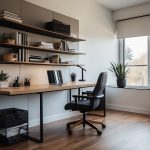 A sleek desk with a modern chair, organized shelves, and a large window providing natural light in a clean and minimalistic home office