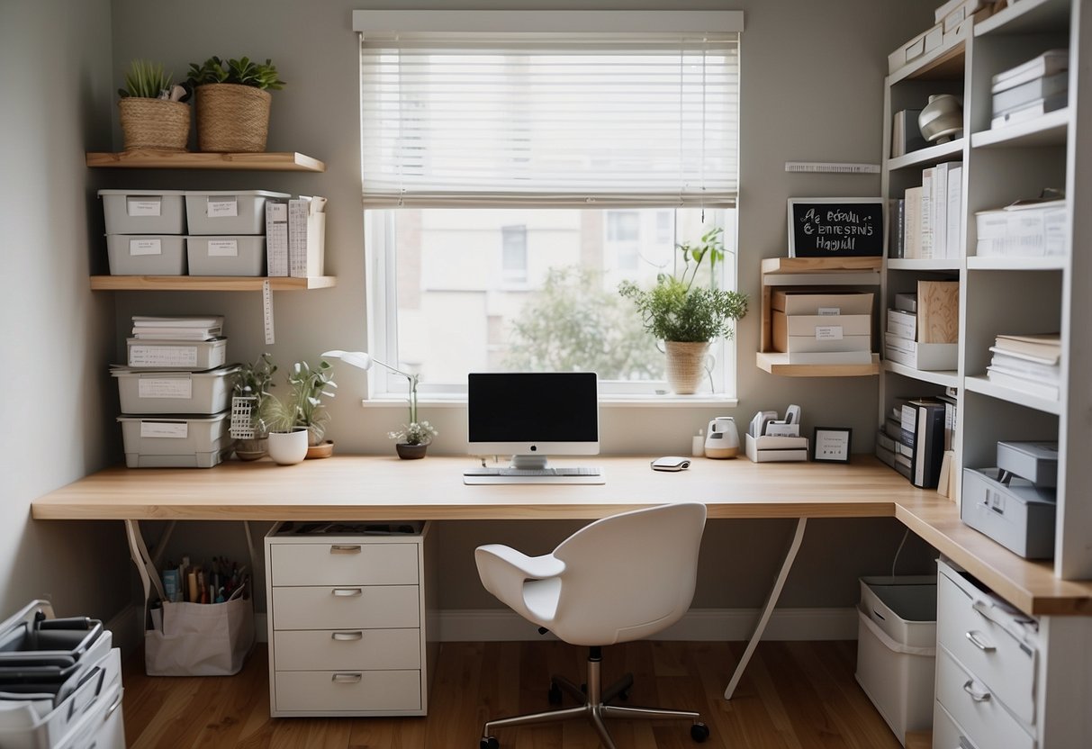 A clutter-free desk with labeled storage bins, a sleek filing cabinet, and a wall-mounted organizer for supplies. Bright, natural light streams in from a large window, illuminating the clean and organized space