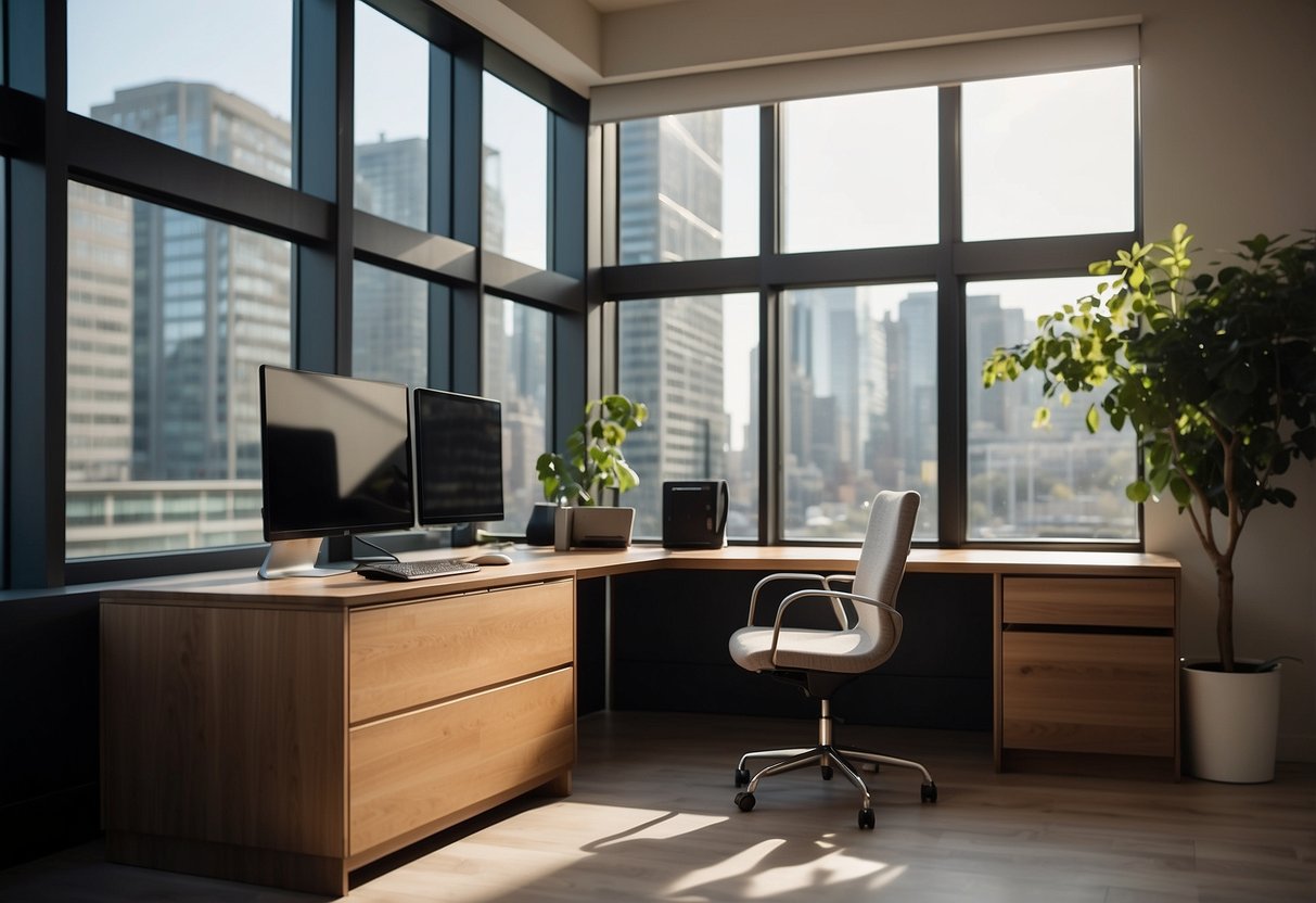 A sleek desk with a modern computer setup, ergonomic chair, and organized storage. Natural light streams in through large windows, casting a warm glow on the clean, minimalist design