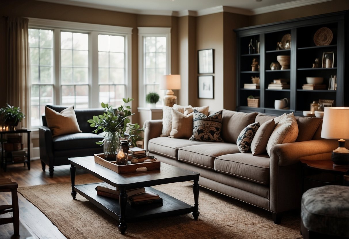 A cozy living room with warm earth tones, classic black and white accents, and pops of deep, rich colors. Traditional furniture with clean lines and timeless patterns