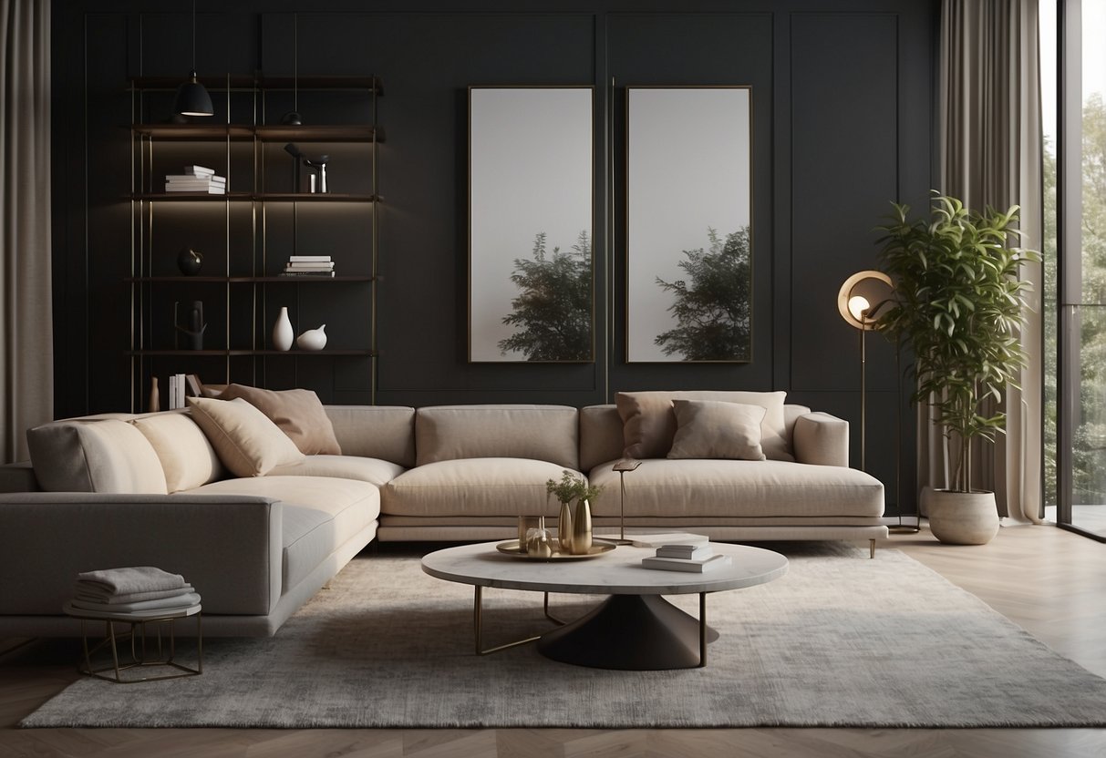 A modern living room with sleek, multi-functional furniture. Clean lines, neutral colors, and minimalistic decor. Timeless and practical design