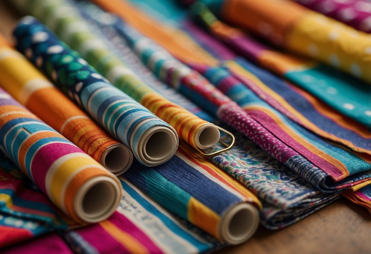 A colorful array of patterned fabrics arranged on a table, including stripes, polka dots, florals, and geometric prints. A ruler, scissors, and sewing needles are nearby