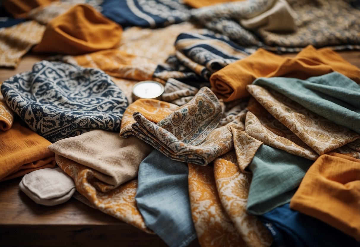 A table with various patterned fabrics and textiles laid out, showcasing the impact of texture in mixing patterns