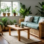 A living room with bamboo furniture, recycled glass decor, and indoor plants. A kitchen with reusable bamboo utensils, eco-friendly cookware, and compost bin. A bedroom with organic cotton bedding, upcycled furniture, and energy-efficient lighting