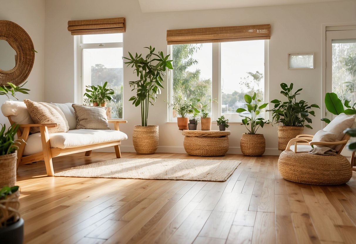 A bright, airy living room with sustainable decor: bamboo flooring, recycled wood furniture, and organic cotton textiles. Plants and natural light bring a fresh, eco-friendly vibe