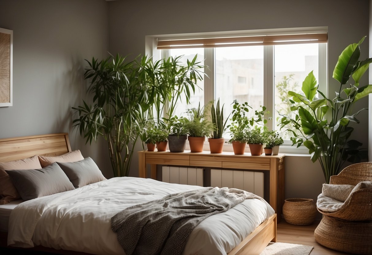 A bedroom with eco-friendly decor: bamboo furniture, organic cotton bedding, potted plants, and energy-efficient lighting