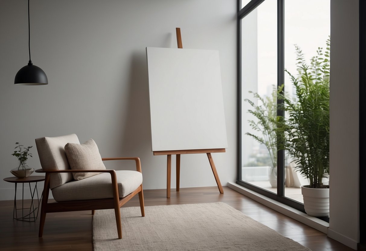 A blank canvas sits on an easel. A sleek, modern living room with clean lines and minimal decor. Neutral colors and simple furniture create a chic and uncluttered space