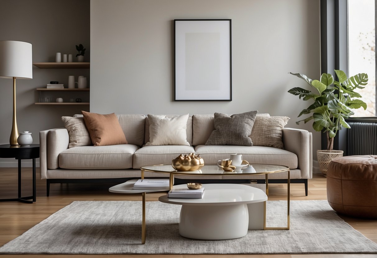 A modern living room with a sleek sofa, a minimalist coffee table, and a few carefully selected decor pieces. Clean lines and neutral colors create a chic and uncluttered space