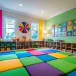 A colorful and organized playroom with soft, cushioned flooring, low shelves for toys, and bright, kid-friendly artwork on the walls