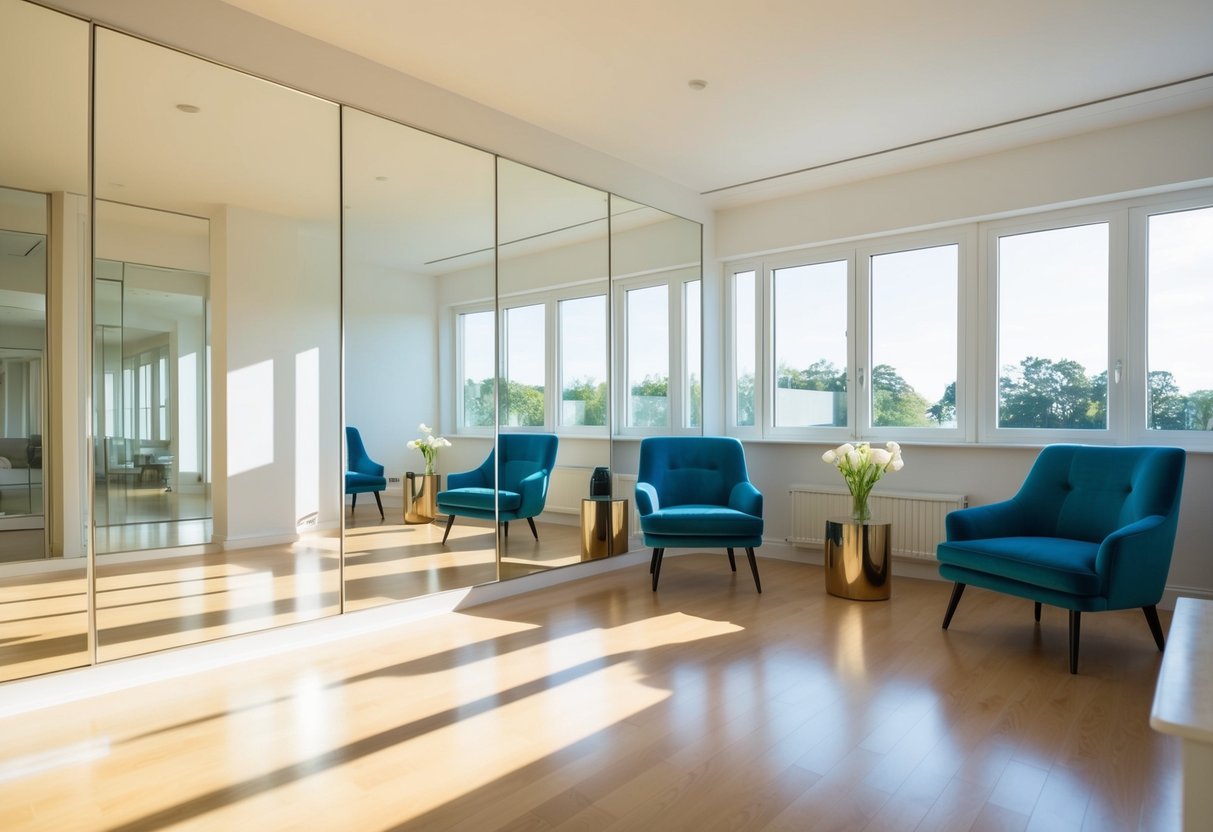 A sunlit room with strategically placed mirrors and reflective surfaces to amplify natural light, creating a bright and airy space