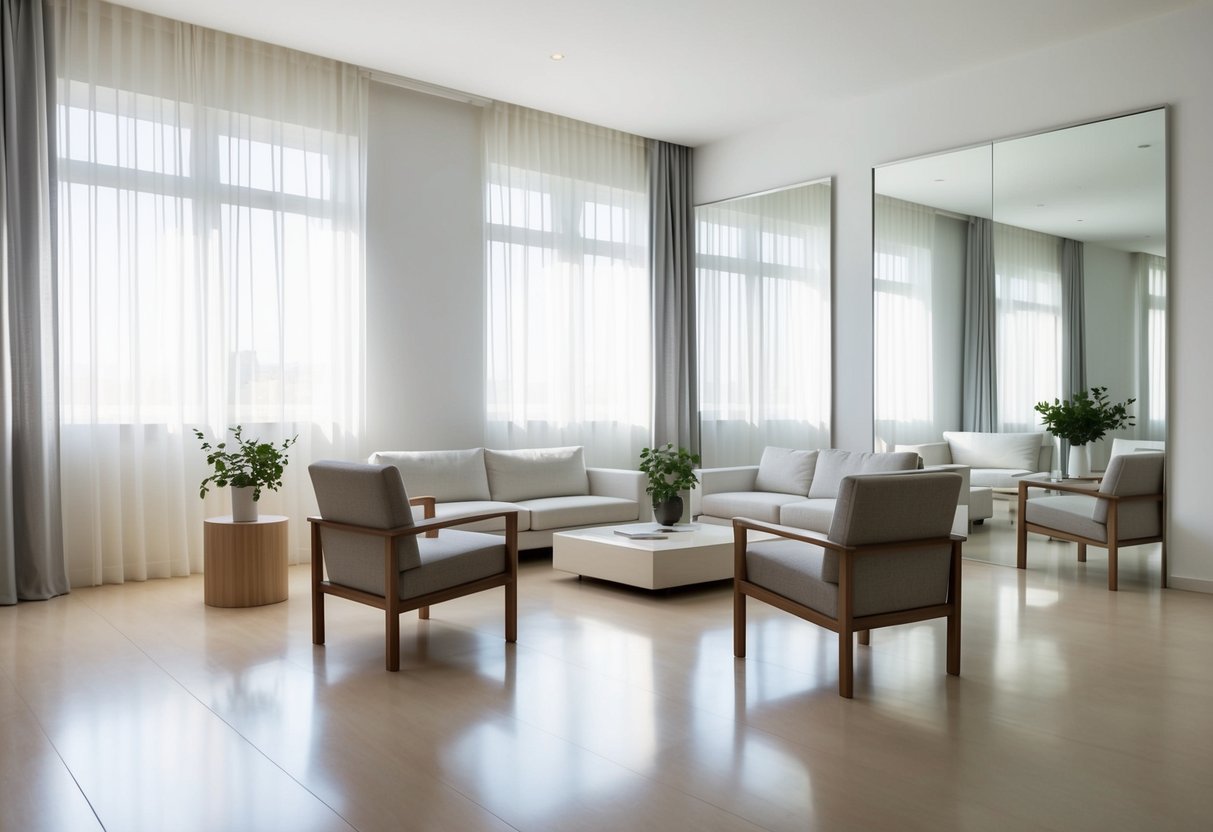 A room with minimal furniture arranged to allow maximum natural light. Large windows with sheer curtains, light-colored walls, and strategically placed mirrors for reflection