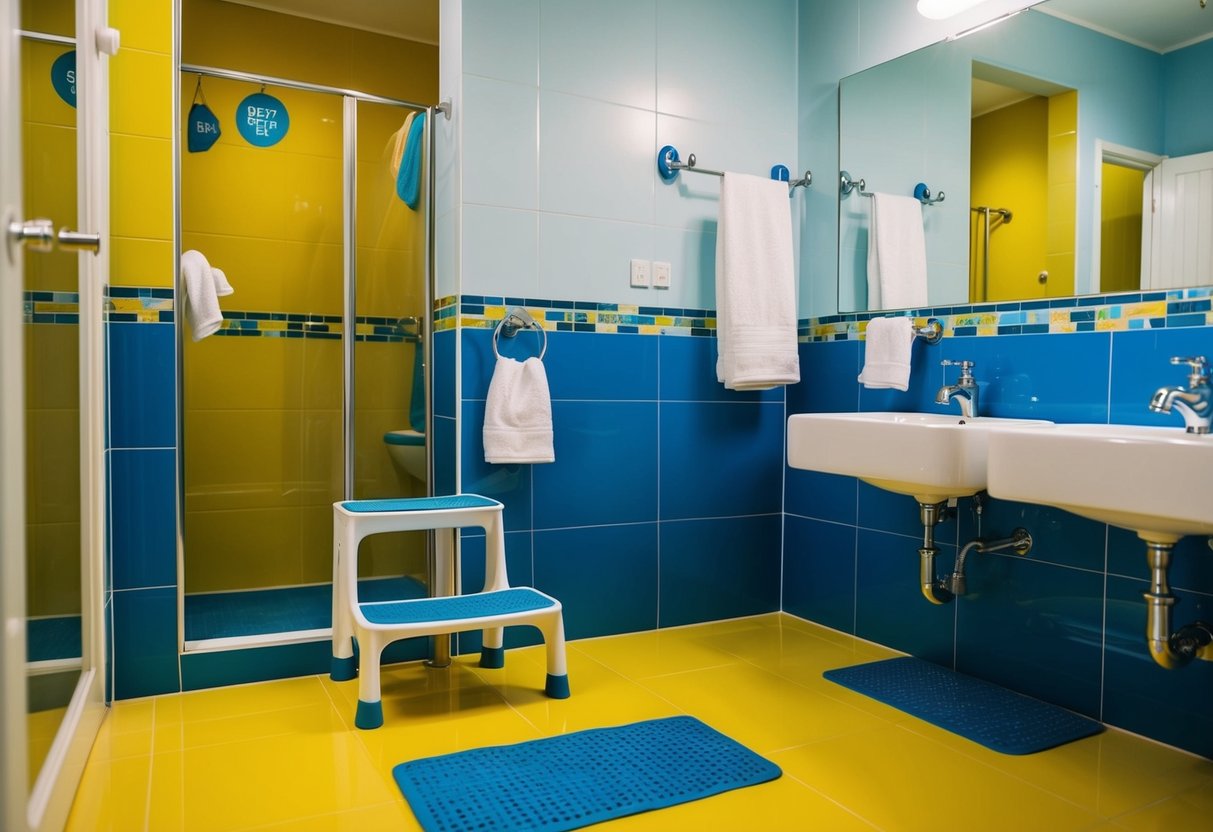 A colorful, spacious bathroom with low-hanging hooks for towels, a step stool for reaching the sink, and non-slip mats for safety