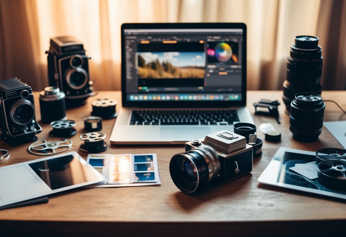 A cluttered desk with vintage editing tools: old cameras, film reels, photo prints, and a laptop with editing software open. A warm, nostalgic atmosphere