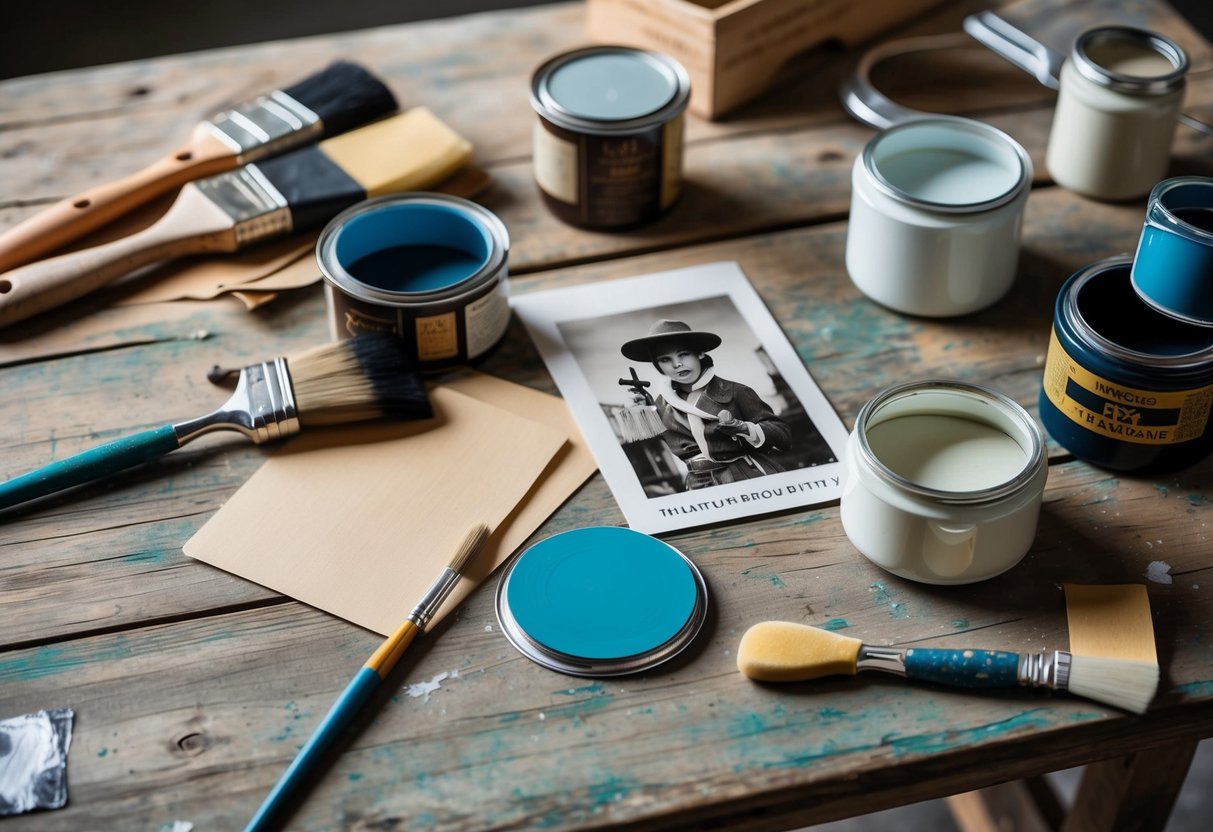 A weathered wooden table with various paint brushes, sandpaper, and jars of paint and varnish scattered around, with a vintage photo as reference