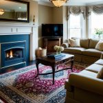 A cozy living room with a traditional fireplace, adorned with an ornate, elegant rug that anchors the space and adds a touch of timeless sophistication