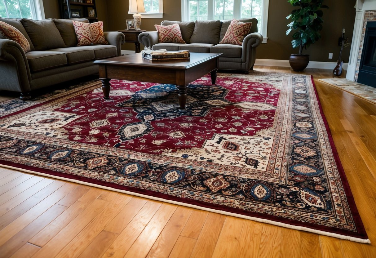 A cozy living room with a hardwood floor and a large, intricately patterned rug as the centerpiece. The rug is rich in color and texture, adding warmth and elegance to the room