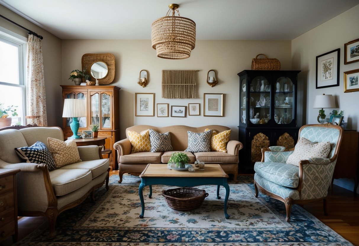 A cozy living room with vintage furniture and decorative items from a thrift store. A mix of patterns and textures create a chic and budget-friendly home decor