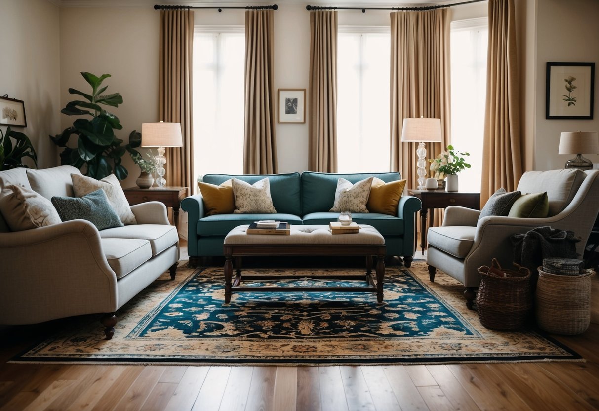 A cozy living room with an assortment of elegant, timeless rugs in various patterns and colors, adding warmth and sophistication to the space