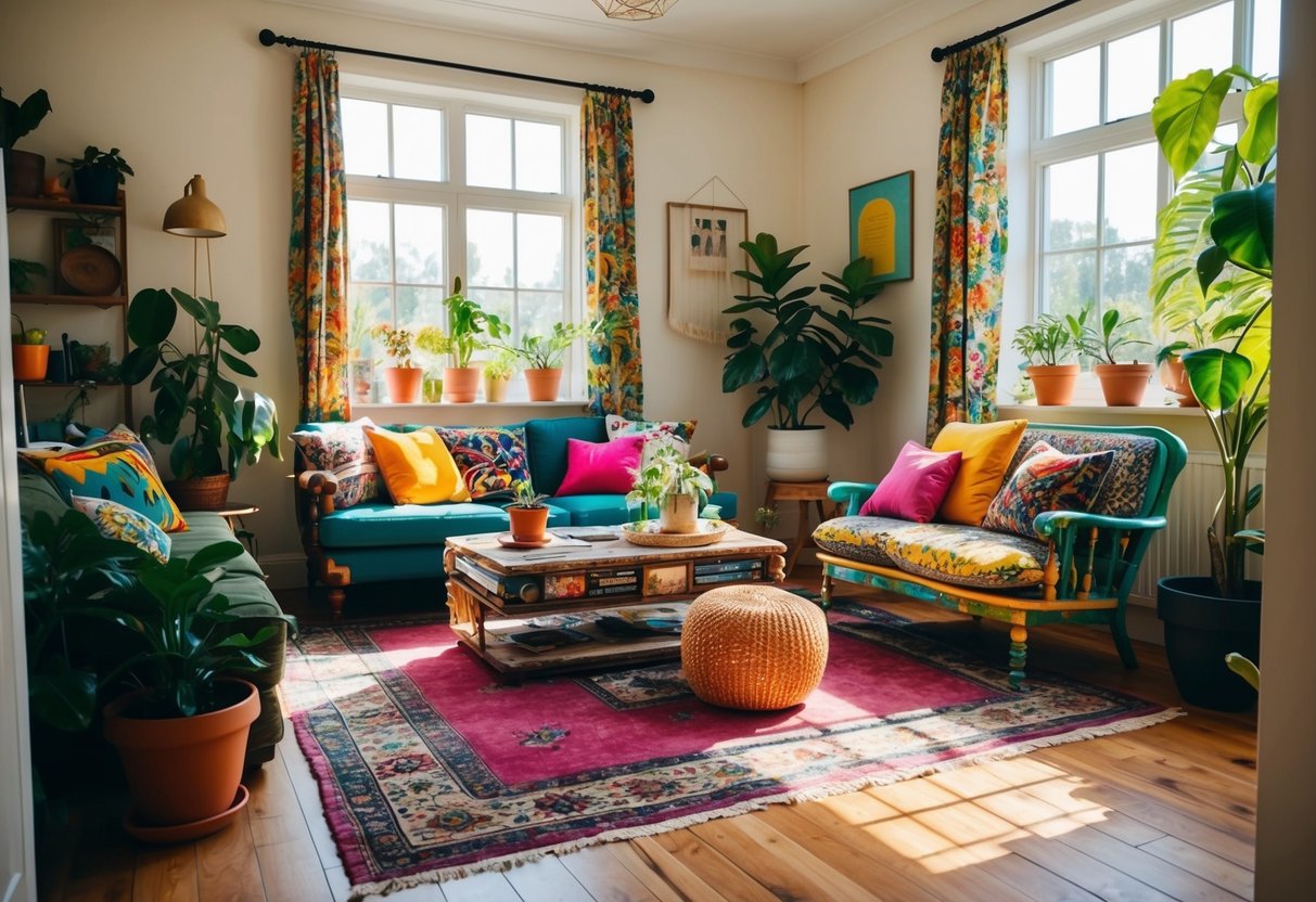 A cozy living room with eclectic, upcycled furniture pieces, vibrant textiles, and potted plants. Sunlight streams through the window, casting a warm glow on the inviting space