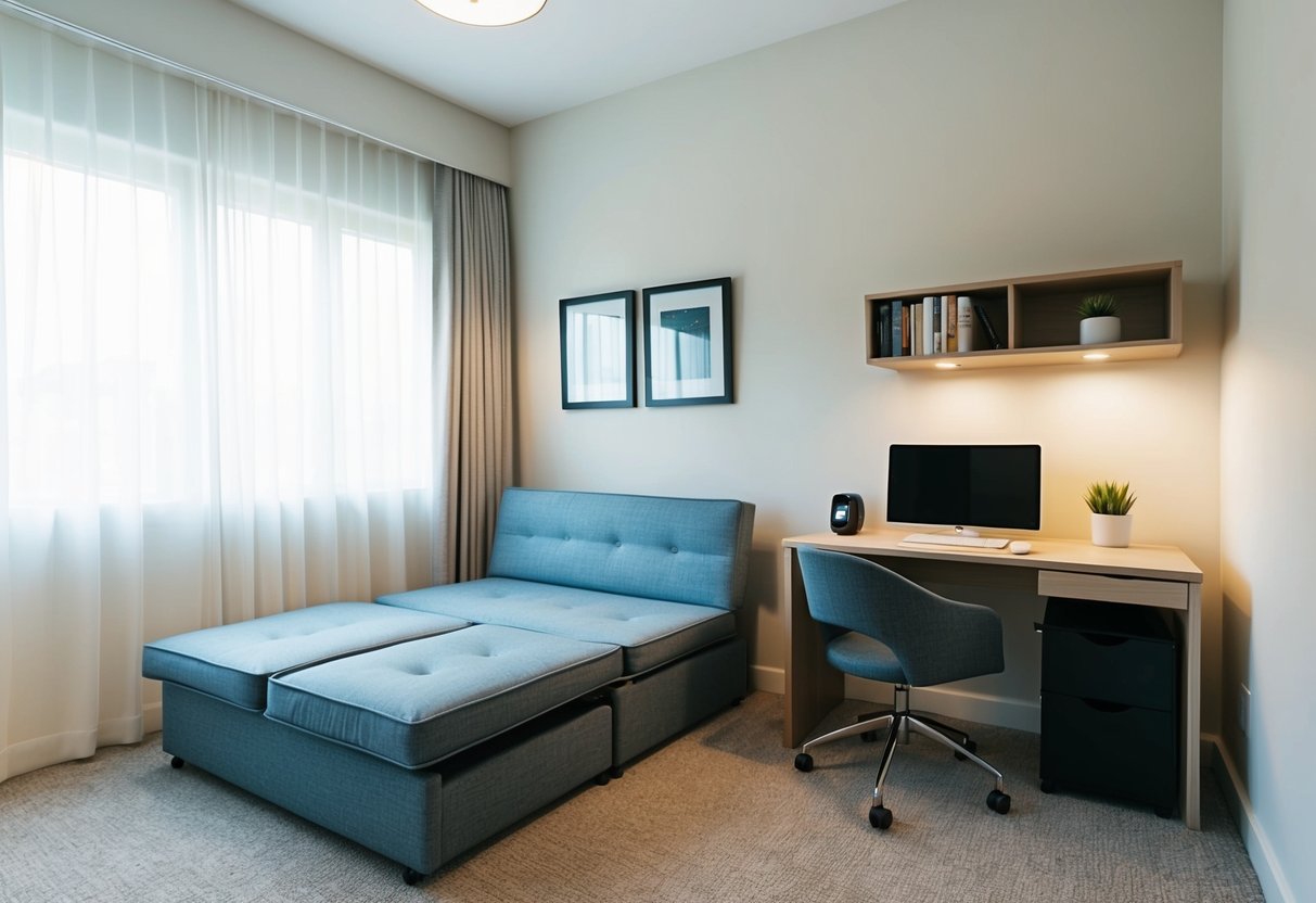 A cozy guest room with a fold-out sofa bed, a compact desk, and hidden storage solutions. A versatile space with stylish and budget-friendly furniture