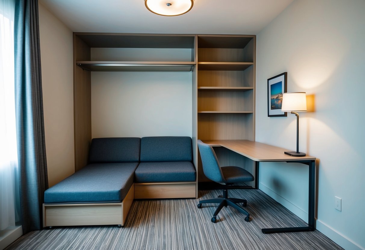 A compact guest room with a fold-out sofa bed, built-in storage shelves, and a fold-down desk. Multi-functional furniture and space-saving solutions maximize the room's potential