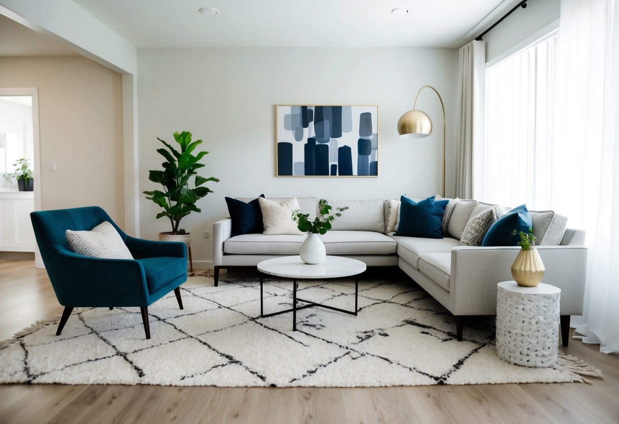 A clutter-free living room with stylish, budget-friendly decor. Minimalist furniture and strategic placement create an elevated, high-end look