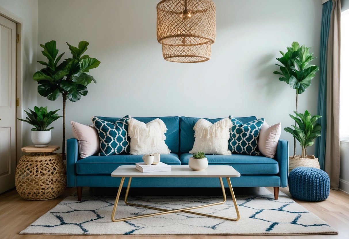 A cozy living room with a stylish sofa adorned with throw pillows and a chic area rug, creating a high-end look on a budget