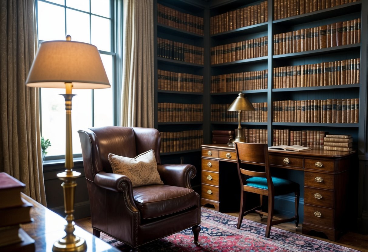 A cozy study with a leather armchair, mahogany desk, and brass lamp, surrounded by shelves of antique books and a Persian rug