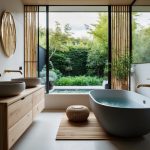 A minimalist bathroom with natural materials, a Japanese soaking tub, bamboo accents, and a peaceful garden view