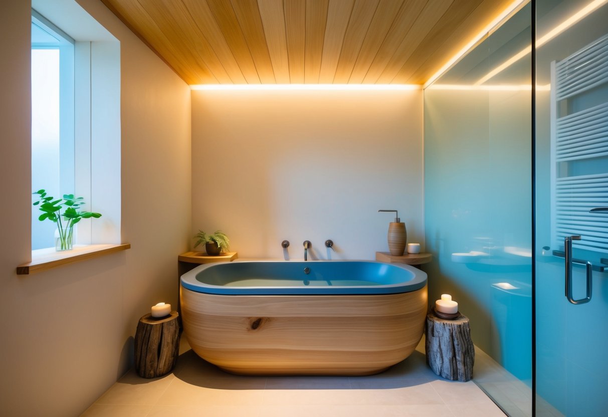 A tranquil bathroom with soft, warm lighting, and cool, calming colors. A Japanese-style soaking tub sits in the center, surrounded by natural wood and stone elements