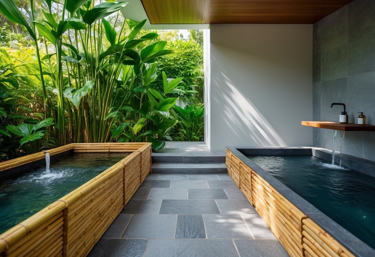 A tranquil bathroom with a bamboo-lined soaking tub, stone flooring, and a minimalist water feature surrounded by lush greenery and natural light